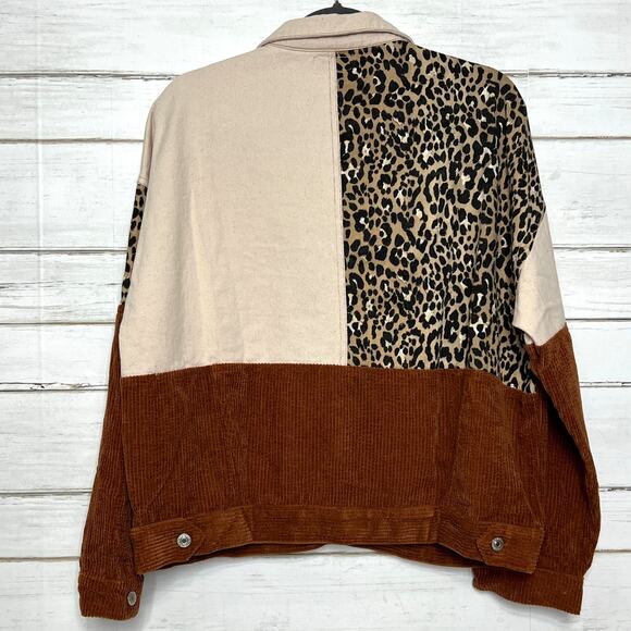 Umgee Color Block Corduroy Jacket Leopard Print Shacket Brown Size Medium - Picture 3 of 9